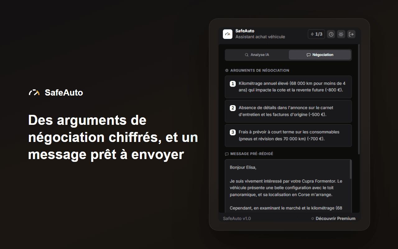 Capture d’écran de l’extension SafeAuto proposant des arguments de négociation chiffrés et un message pré-rédigé à envoyer au vendeur.