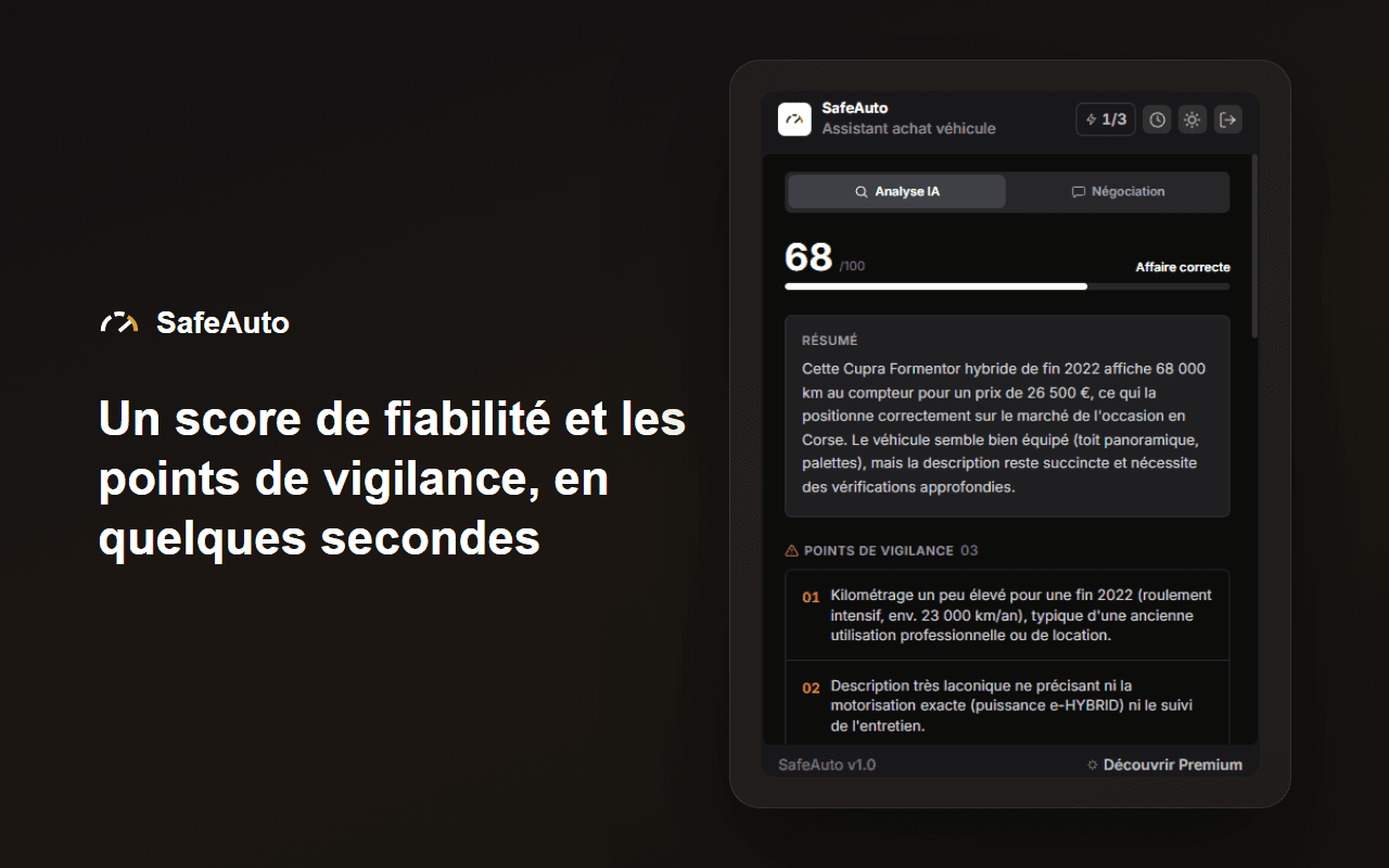 Capture d’écran de l’extension SafeAuto affichant un score de fiabilité sur 100, un résumé de l’annonce et les points de vigilance détectés.
